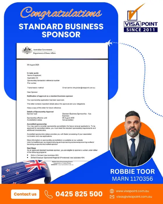Approval for a Visa Point client: Standard Business Sponsor