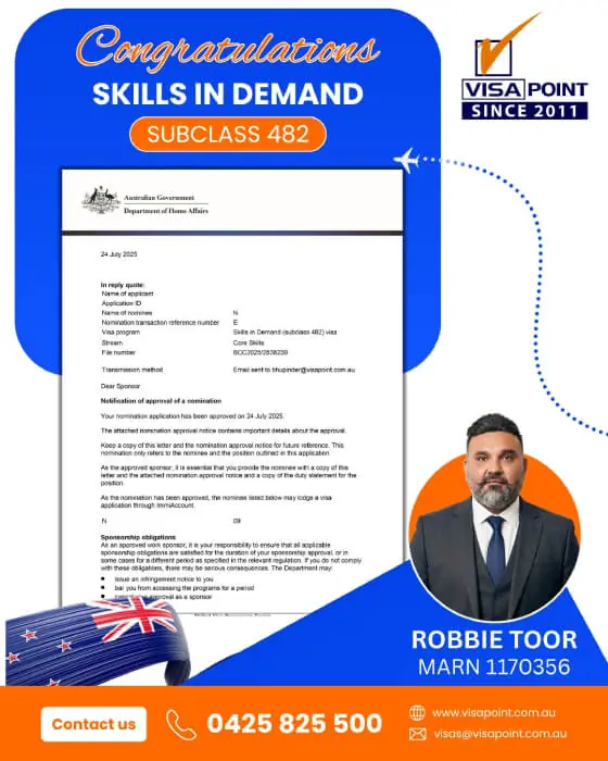 Visa grant for a Visa Point client: Skills in Demand visa, subclass 482