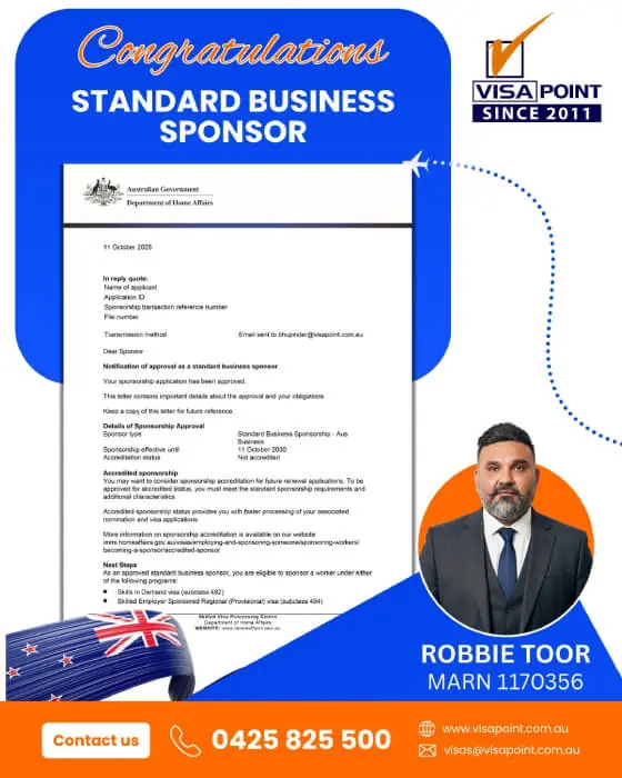 Approval for a Visa Point client: Standard Business Sponsor