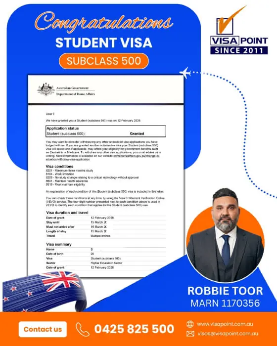 Visa grant for a Visa Point client: Student visa, subclass 500