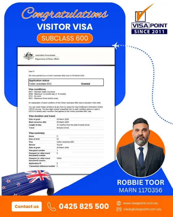 Visa grant for a Visa Point client: Visitor visa, subclass 600