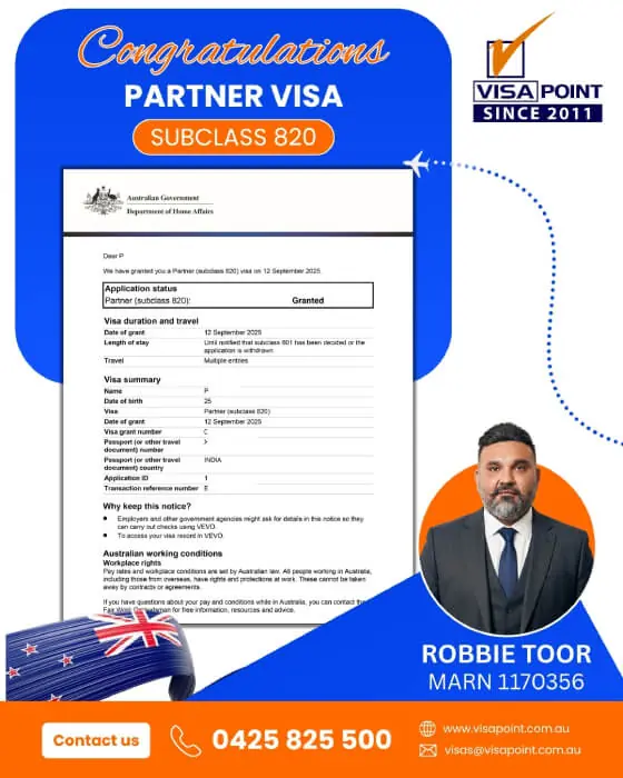 Visa grant for a Visa Point client: Partner visa, subclass 820