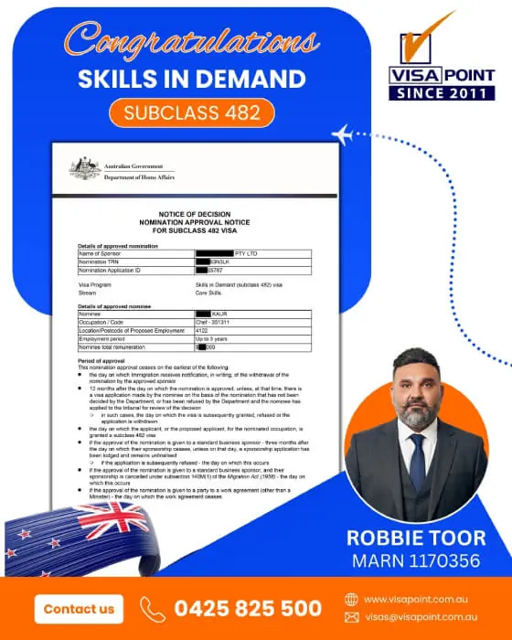 Nomination approval for a Visa Point client: Skills in Demand visa, subclass 482